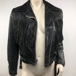 Vintage Black Leather Fringe Biker Jacket Size M